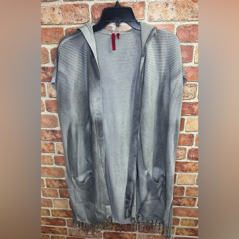 Lagenlook boho Gray sleeveless Hooded ribbed Cardigan with Fringe size 2x